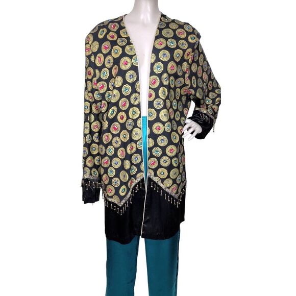 Vintage 80s Open Front Metallic Gold Jewel Coin Print Beaded Long Duster Jacket - Picture 5 of 11
